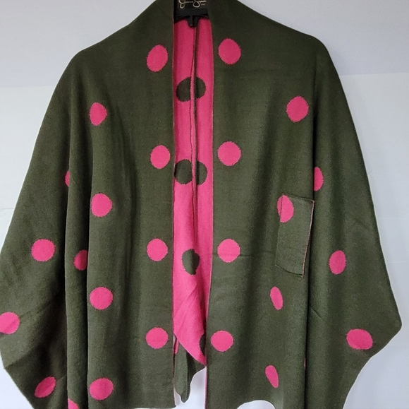 Top It Off Jackets & Blazers - TOP IT OFF Chic Olive and Pink Polka Dot Women's Cape Size OS